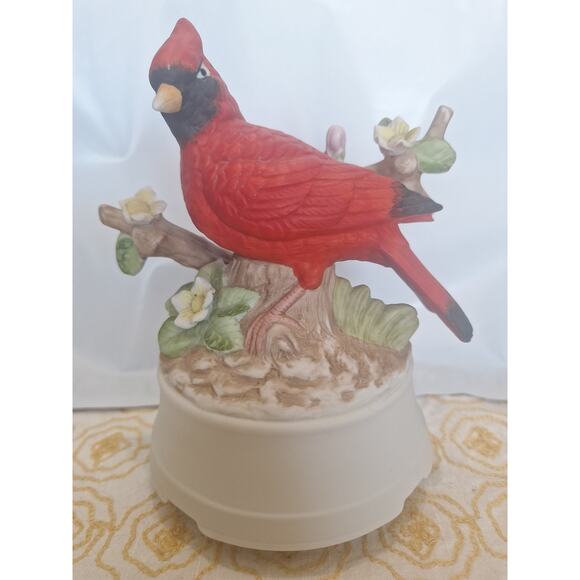 Vintage Cardinal Bird Music Box – Hand-Painted Resin, Floral Branch Base - Picture 1 of 9